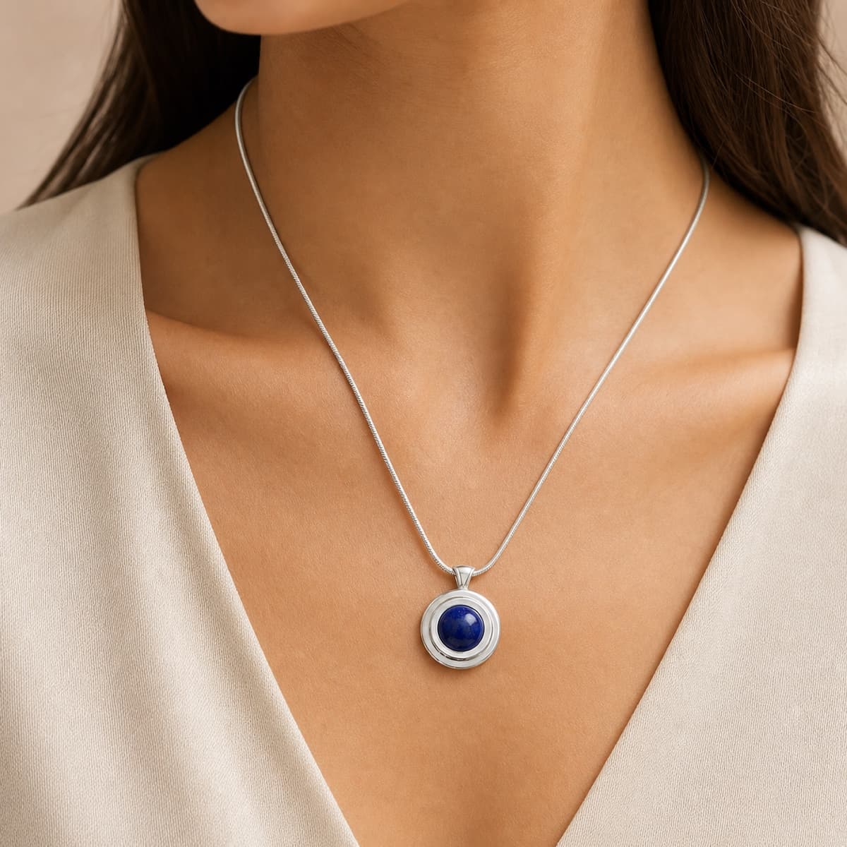Essential Sphere Necklace worn with a lapis lazuli stone