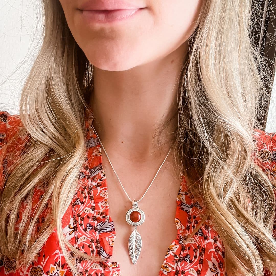 Falling Leaf Necklace worn by a model