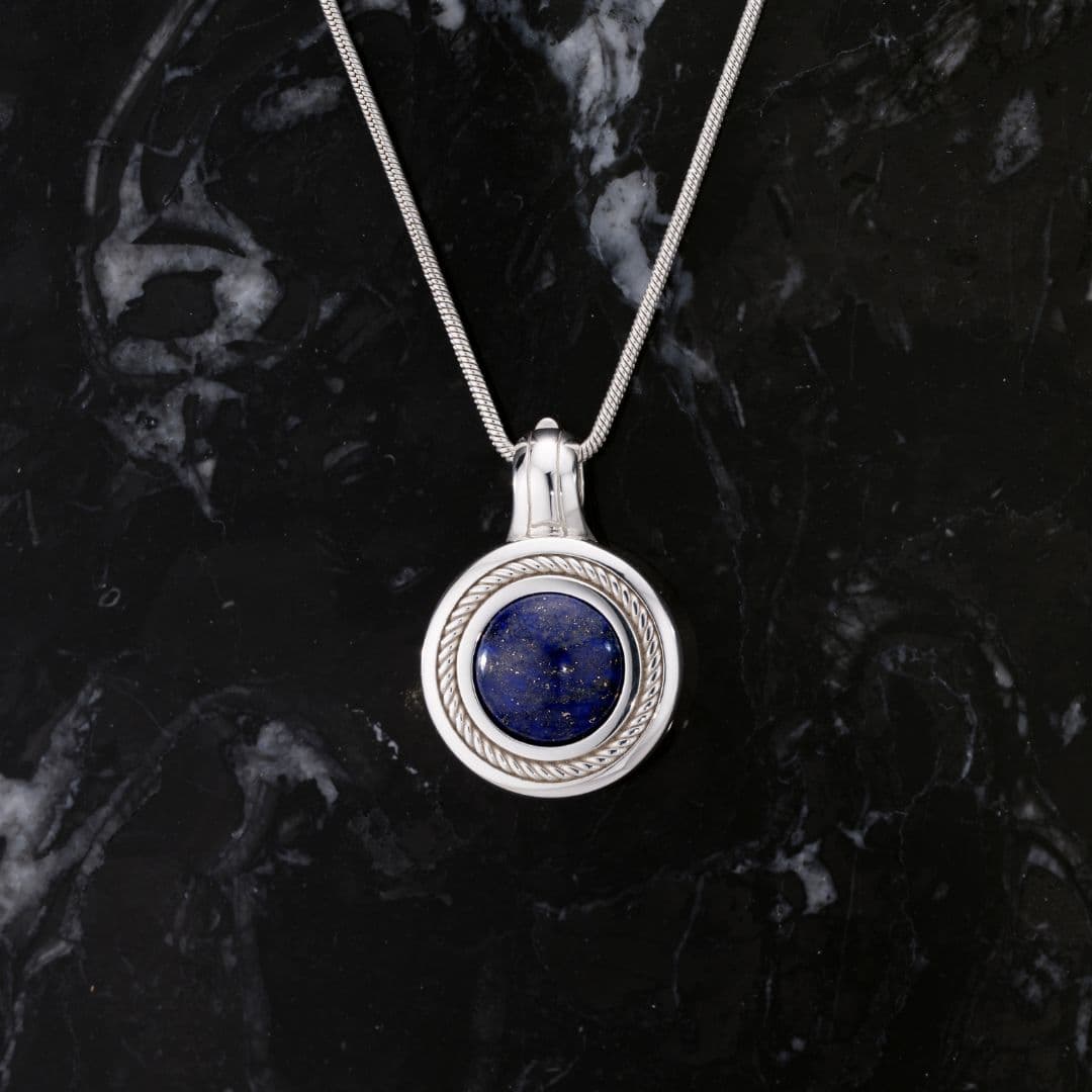 Silver Rope Sphere necklace with lapis, on black marble