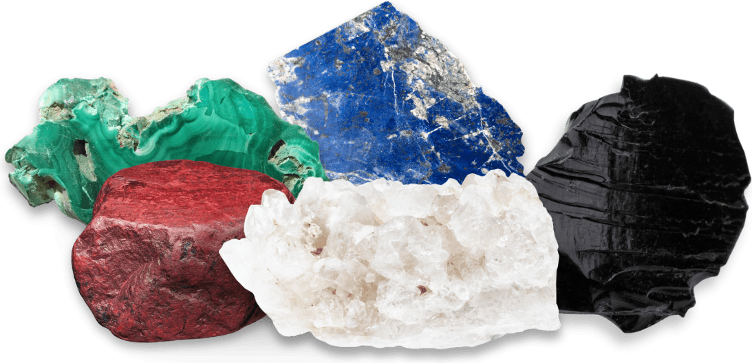The five natural gemstones in their raw, uncut form